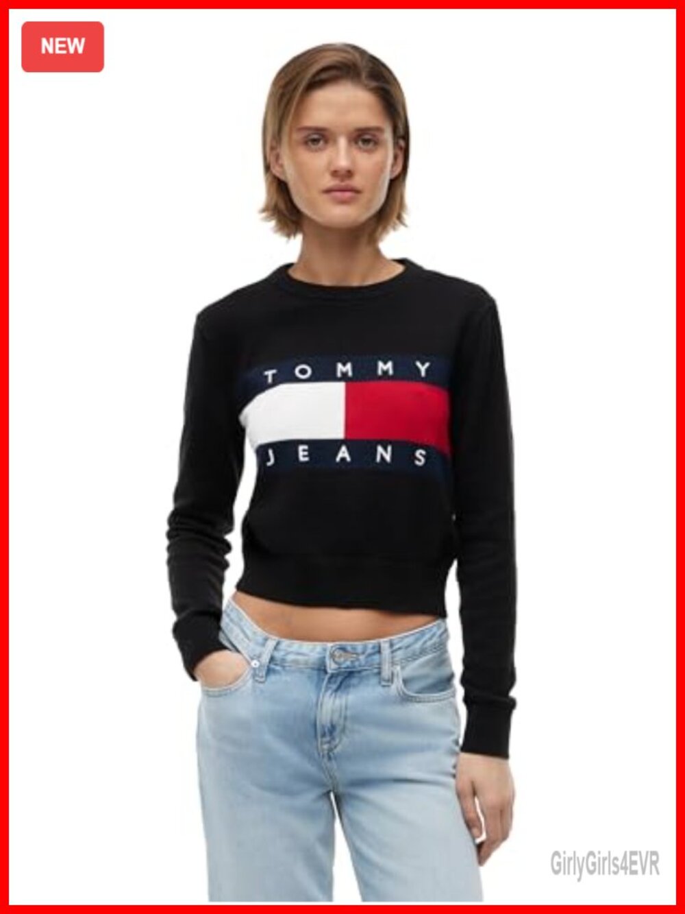 100% Cotton Crewneck Pullover Sweater Long Sleeve Ribbed Trim Flag Logo